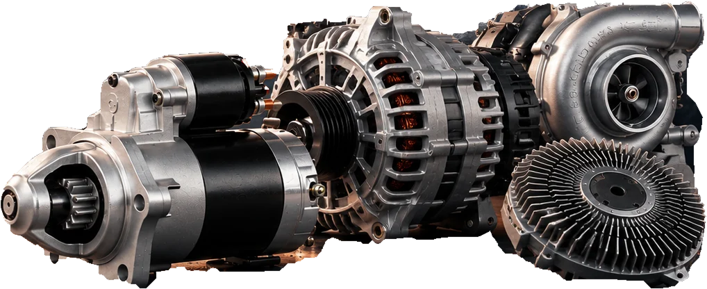 Starter, alternator, turbocharger and fan clutch