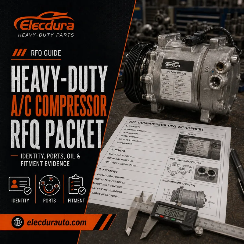 Heavy-Duty A/C-kompressor RFQ-pakke: Identitet, porte, olie og monteringsbevis