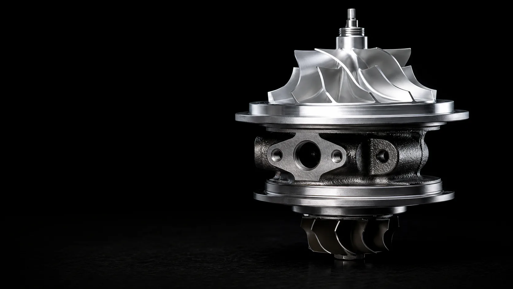 Heavy-duty turbo core and CHRA cartridge on a black studio background