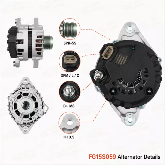Detalles del alternador FG15S059 con polea 6PK-55 y conector DFM LC