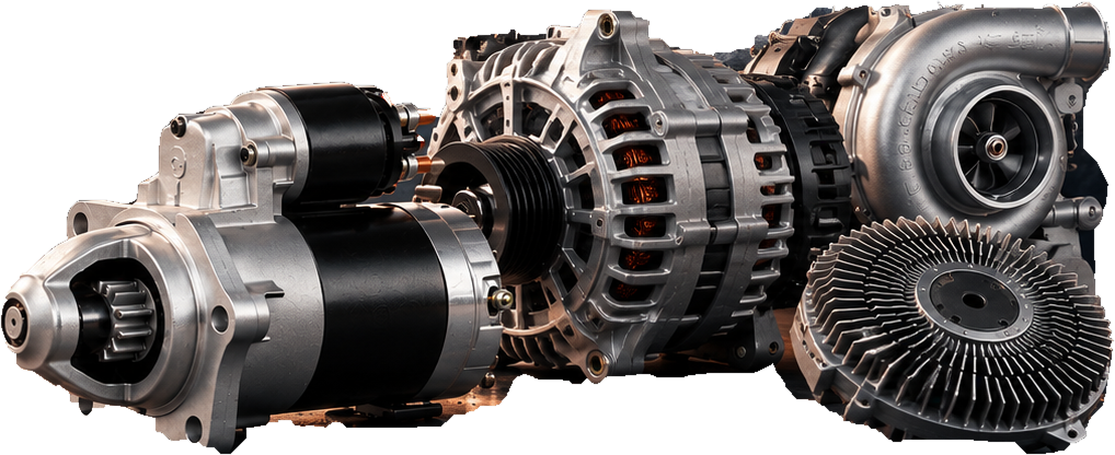Starter, alternator, turbocharger and fan clutch
